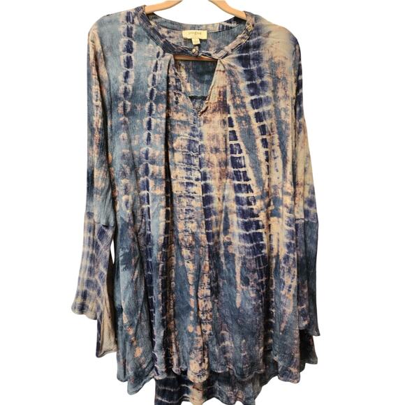 Umgee LARGE Tie Dye Bell Sleeve Blue Keyhole Tunic Top EUC - Picture 1 of 5